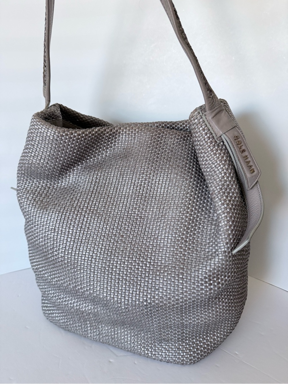 Cole Haan metallic Silver pewter large  Woven Shoulder Bag